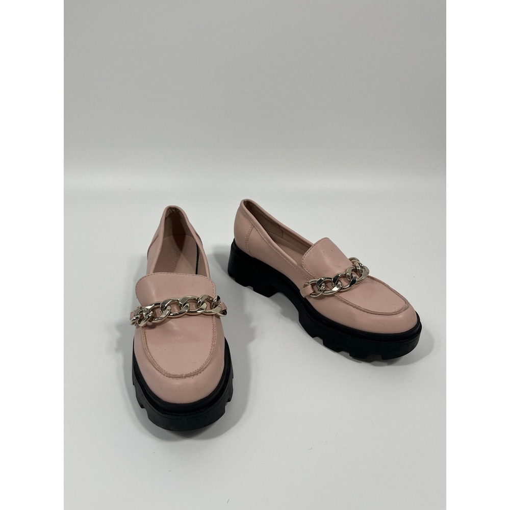 Y2K Faux Leather Chunky Platform Slip On Loafer 8 Pink Chain Preppy Twee Chic
